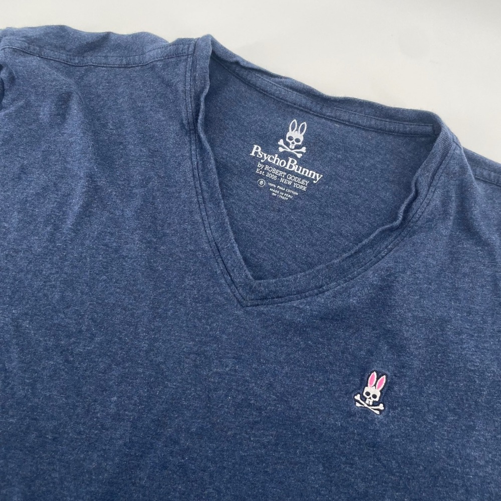 Psycho Bunny V-Neck T-Shirt Mens 8 Blue Heathered Pima Cotton Logo Tee